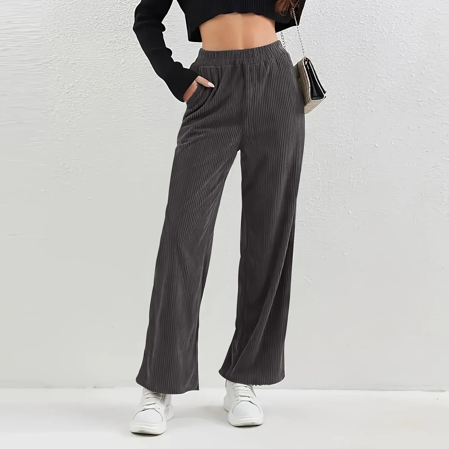 Gumipy Corduroy Pants Women Casual Comfy Wide Leg Pants Elastic High Waisted Trousers Pants Fall Lounge Pants with Pockets