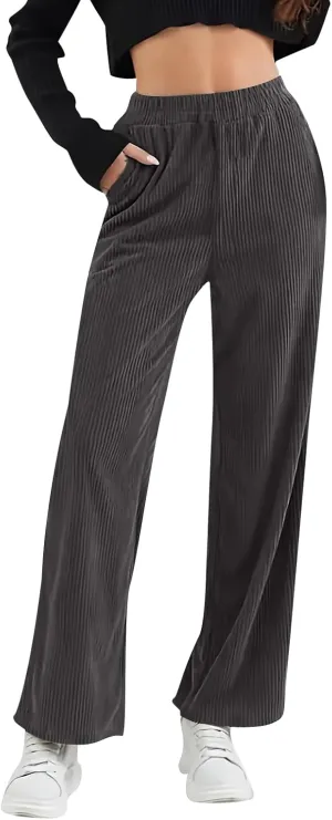 Gumipy Corduroy Pants Women Casual Comfy Wide Leg Pants Elastic High Waisted Trousers Pants Fall Lounge Pants with Pockets