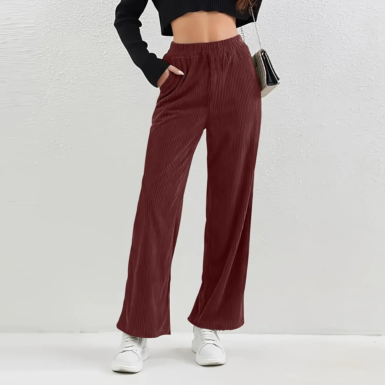 Gumipy Corduroy Pants Women Casual Comfy Wide Leg Pants Elastic High Waisted Trousers Pants Fall Lounge Pants with Pockets