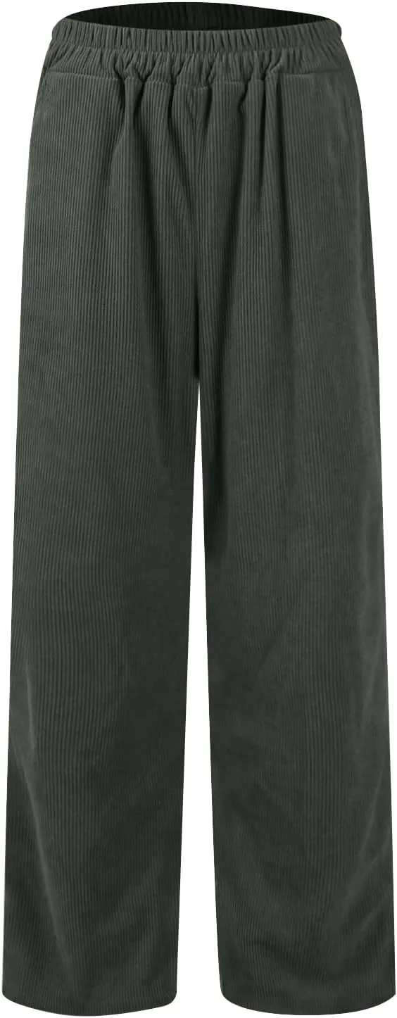 Gumipy Corduroy Pants Women Casual Comfy Wide Leg Pants Elastic High Waisted Trousers Pants Fall Lounge Pants with Pockets