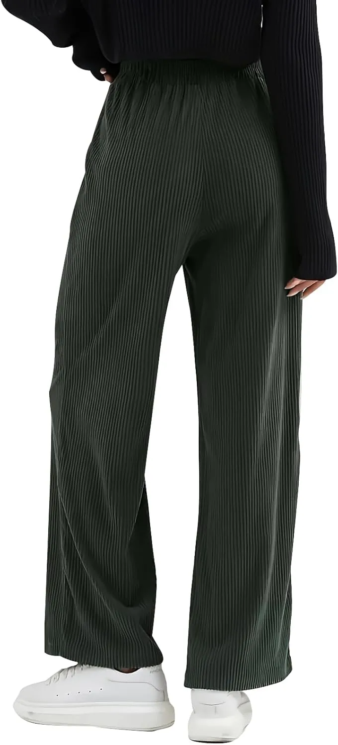 Gumipy Corduroy Pants Women Casual Comfy Wide Leg Pants Elastic High Waisted Trousers Pants Fall Lounge Pants with Pockets