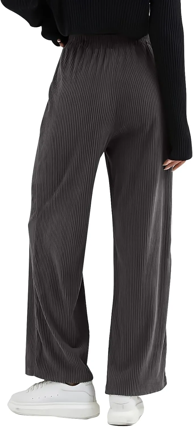 Gumipy Corduroy Pants Women Casual Comfy Wide Leg Pants Elastic High Waisted Trousers Pants Fall Lounge Pants with Pockets