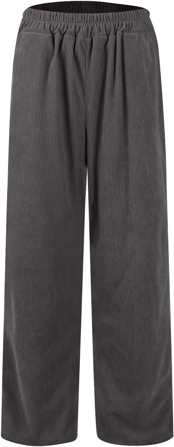 Gumipy Corduroy Pants Women Casual Comfy Wide Leg Pants Elastic High Waisted Trousers Pants Fall Lounge Pants with Pockets