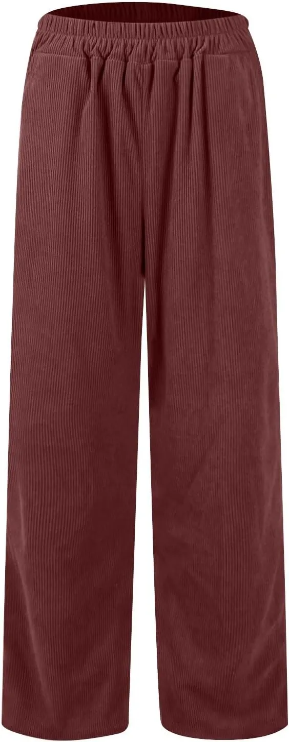 Gumipy Corduroy Pants Women Casual Comfy Wide Leg Pants Elastic High Waisted Trousers Pants Fall Lounge Pants with Pockets