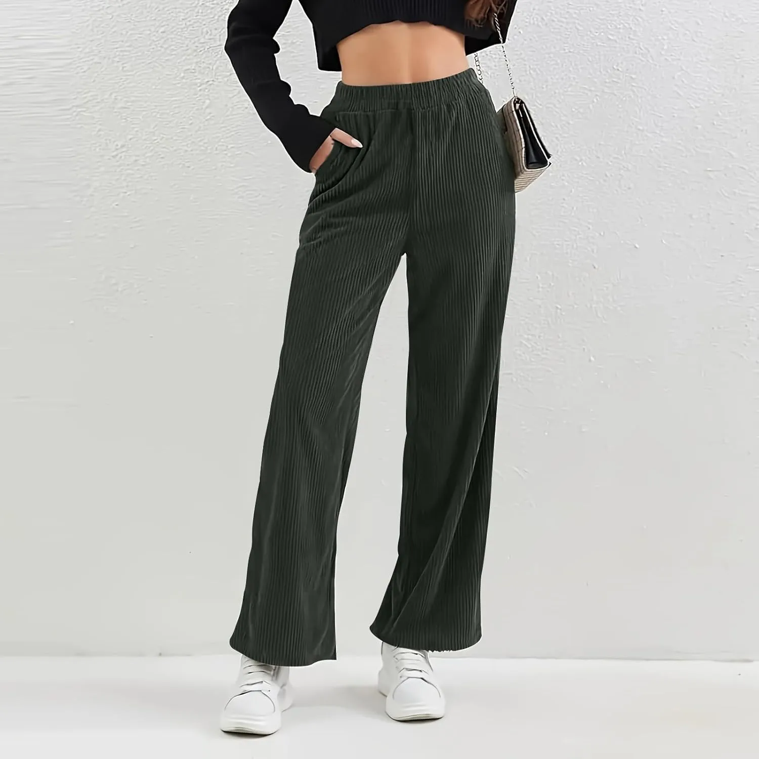 Gumipy Corduroy Pants Women Casual Comfy Wide Leg Pants Elastic High Waisted Trousers Pants Fall Lounge Pants with Pockets