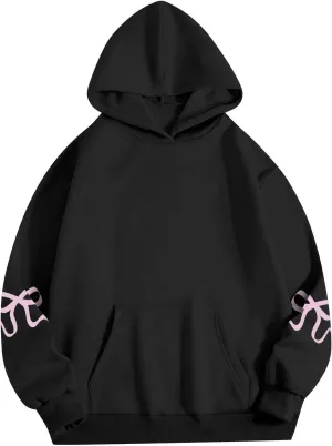 Gumipy Women Bow Print Hoodies Fun Graphic Fleece Oversized Hoodies Sweatshirt Trendy Long Sleeve Spring Hoodies Pullover