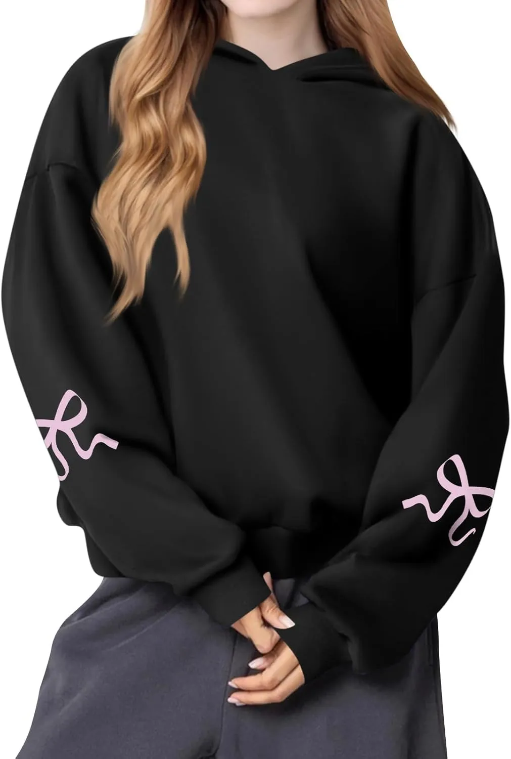 Gumipy Women Bow Print Hoodies Fun Graphic Fleece Oversized Hoodies Sweatshirt Trendy Long Sleeve Spring Hoodies Pullover