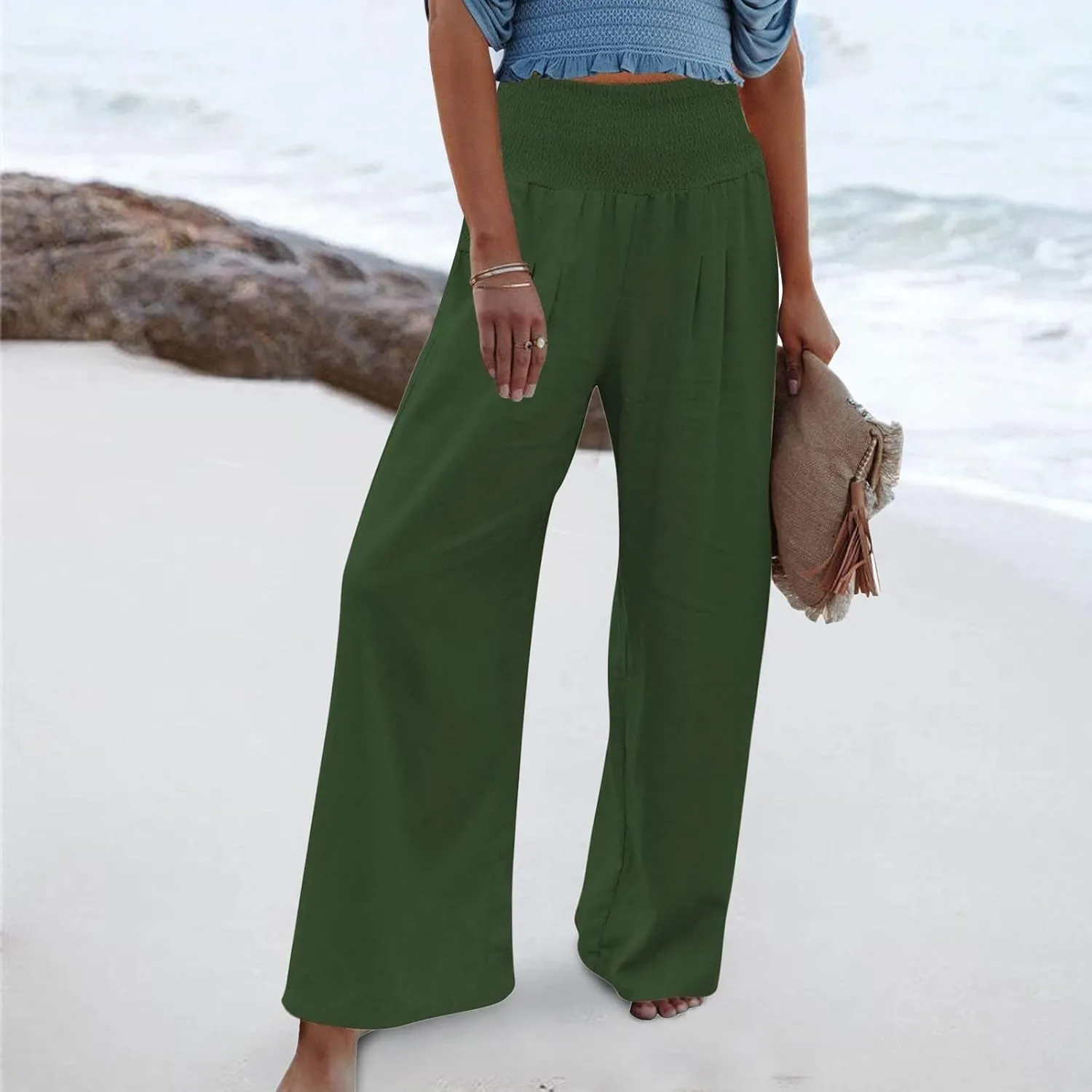 Gumipy Women Linen Pants Casual Baggy Wide Leg Pants Comfy High Waisted Lounge Pants Lightweight Beach Pants with Pockets