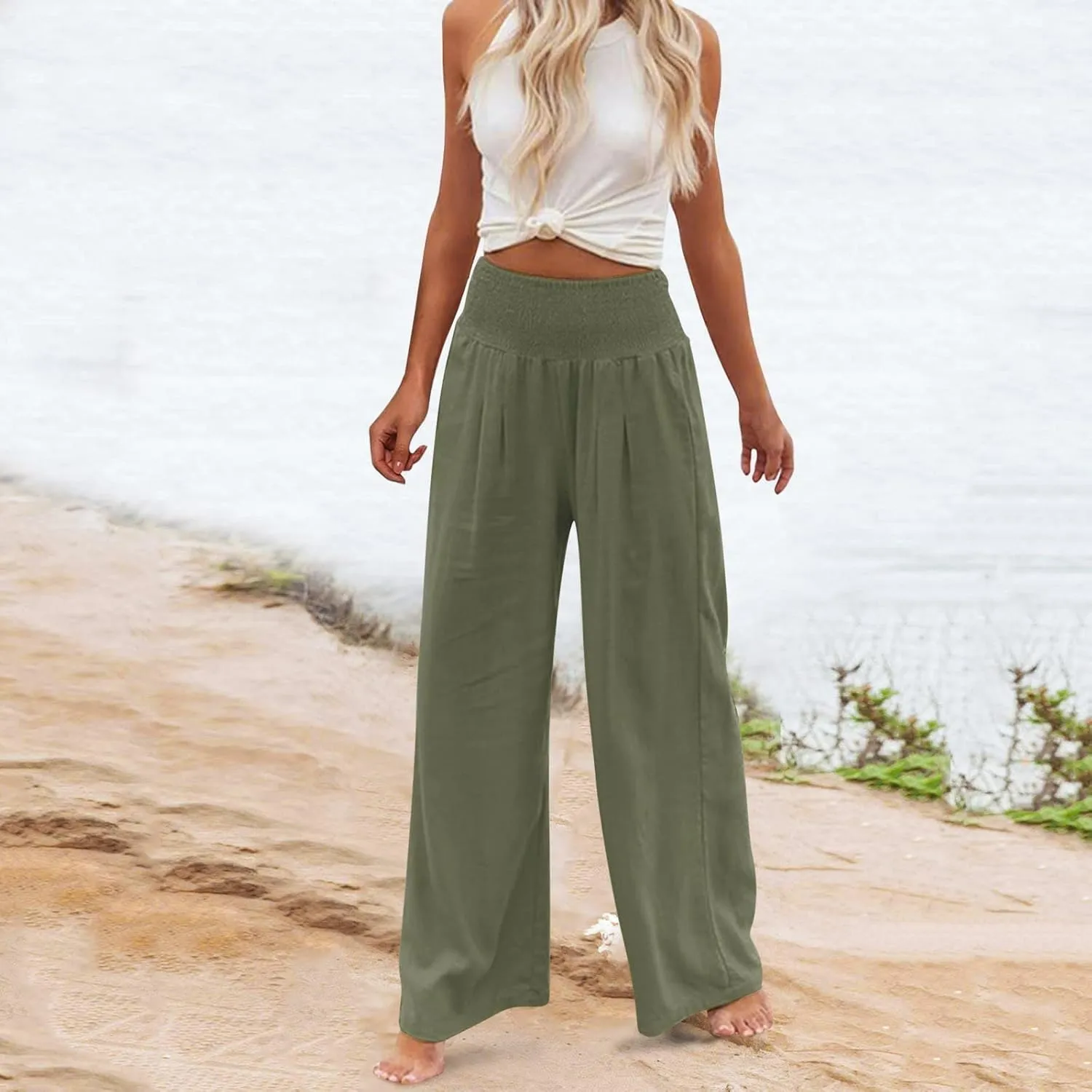 Gumipy Women Linen Pants Casual Baggy Wide Leg Pants Comfy High Waisted Lounge Pants Lightweight Beach Pants with Pockets