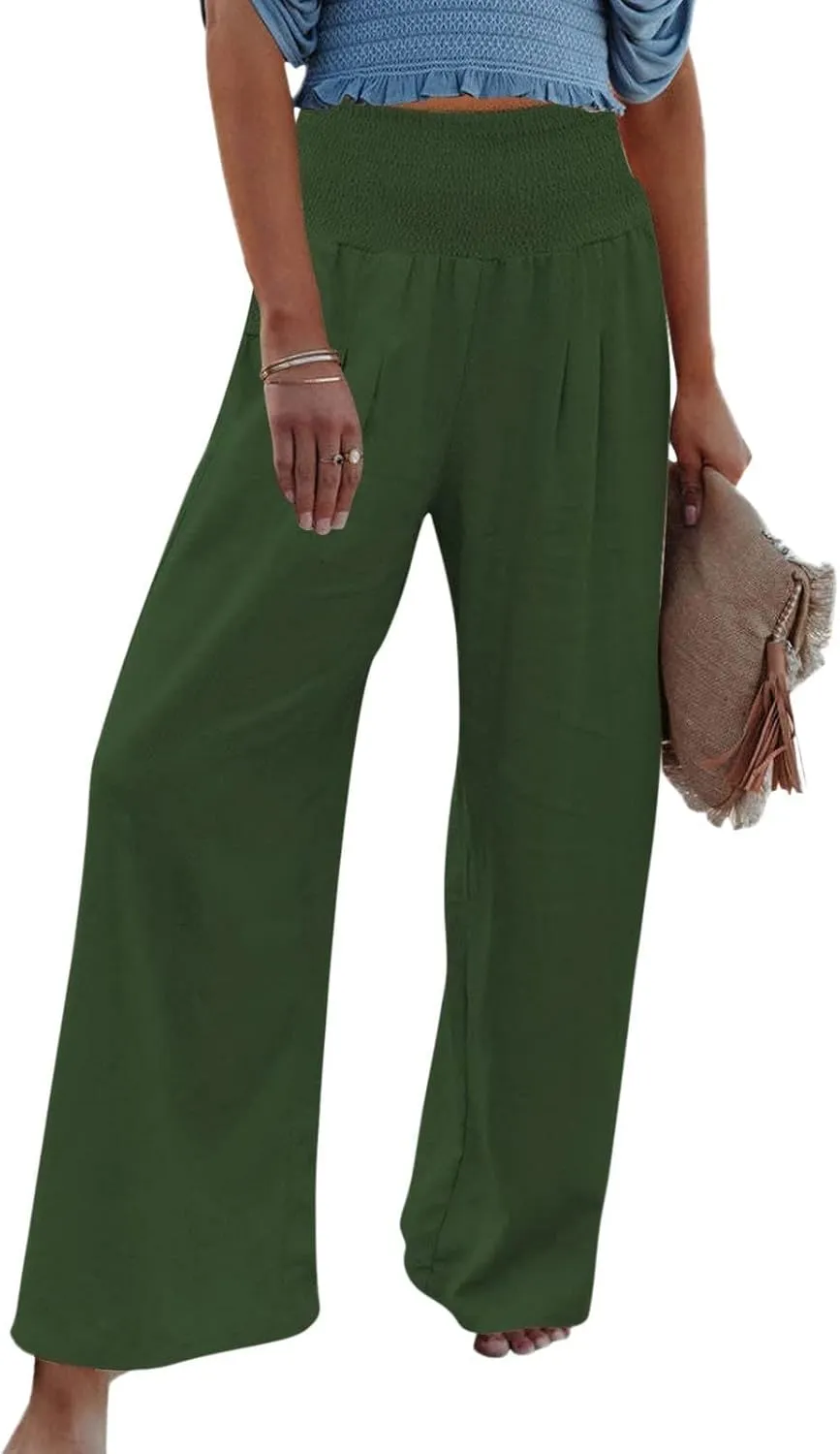 Gumipy Women Linen Pants Casual Baggy Wide Leg Pants Comfy High Waisted Lounge Pants Lightweight Beach Pants with Pockets