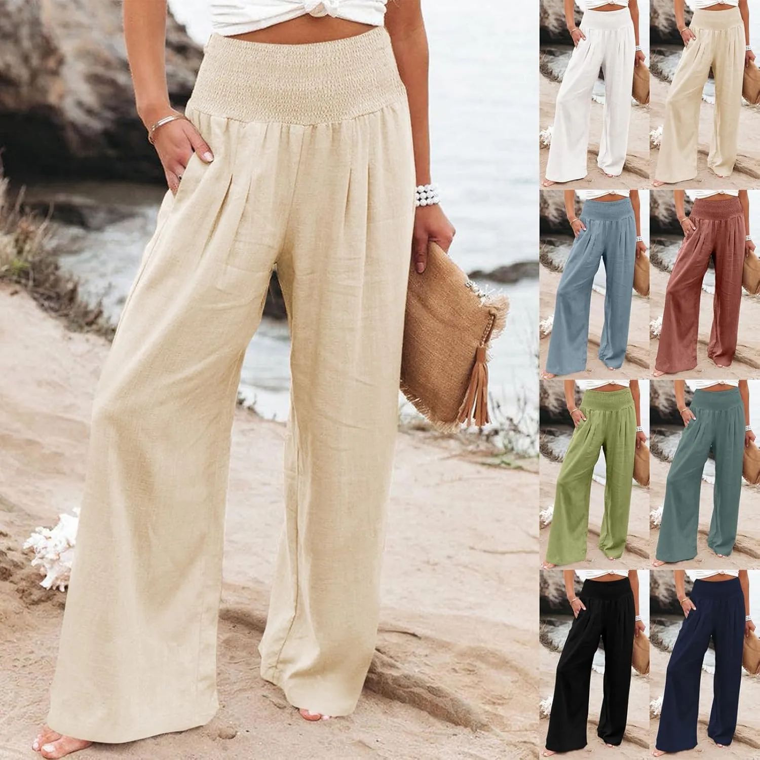 Gumipy Women Linen Pants Casual Baggy Wide Leg Pants Comfy High Waisted Lounge Pants Lightweight Beach Pants with Pockets