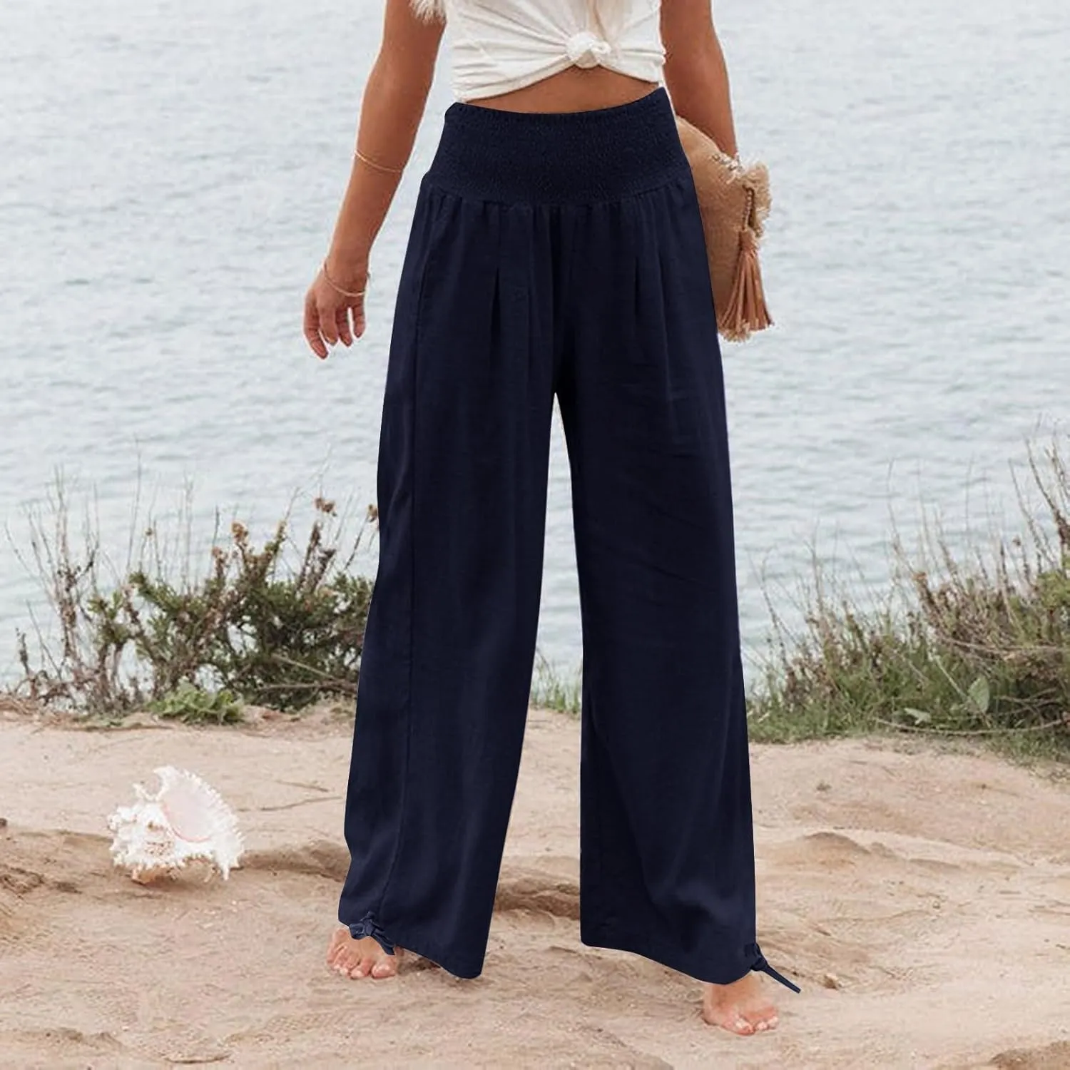 Gumipy Women Linen Pants Casual Baggy Wide Leg Pants Comfy High Waisted Lounge Pants Lightweight Beach Pants with Pockets
