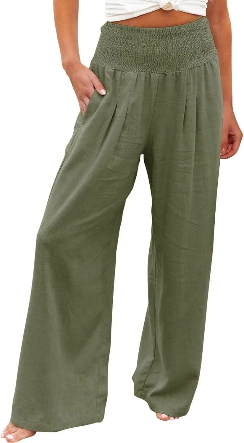 Gumipy Women Linen Pants Casual Baggy Wide Leg Pants Comfy High Waisted Lounge Pants Lightweight Beach Pants with Pockets