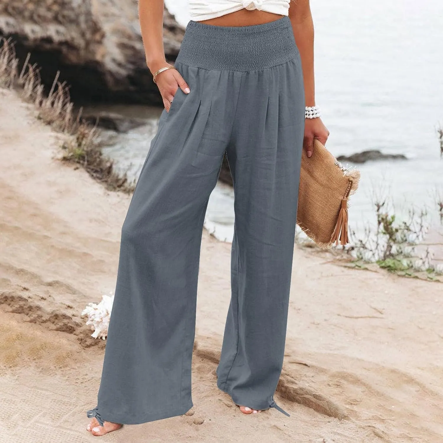 Gumipy Women Linen Pants Casual Baggy Wide Leg Pants Comfy High Waisted Lounge Pants Lightweight Beach Pants with Pockets