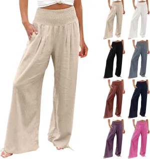 Gumipy Women Linen Pants Casual Baggy Wide Leg Pants Comfy High Waisted Lounge Pants Lightweight Beach Pants with Pockets