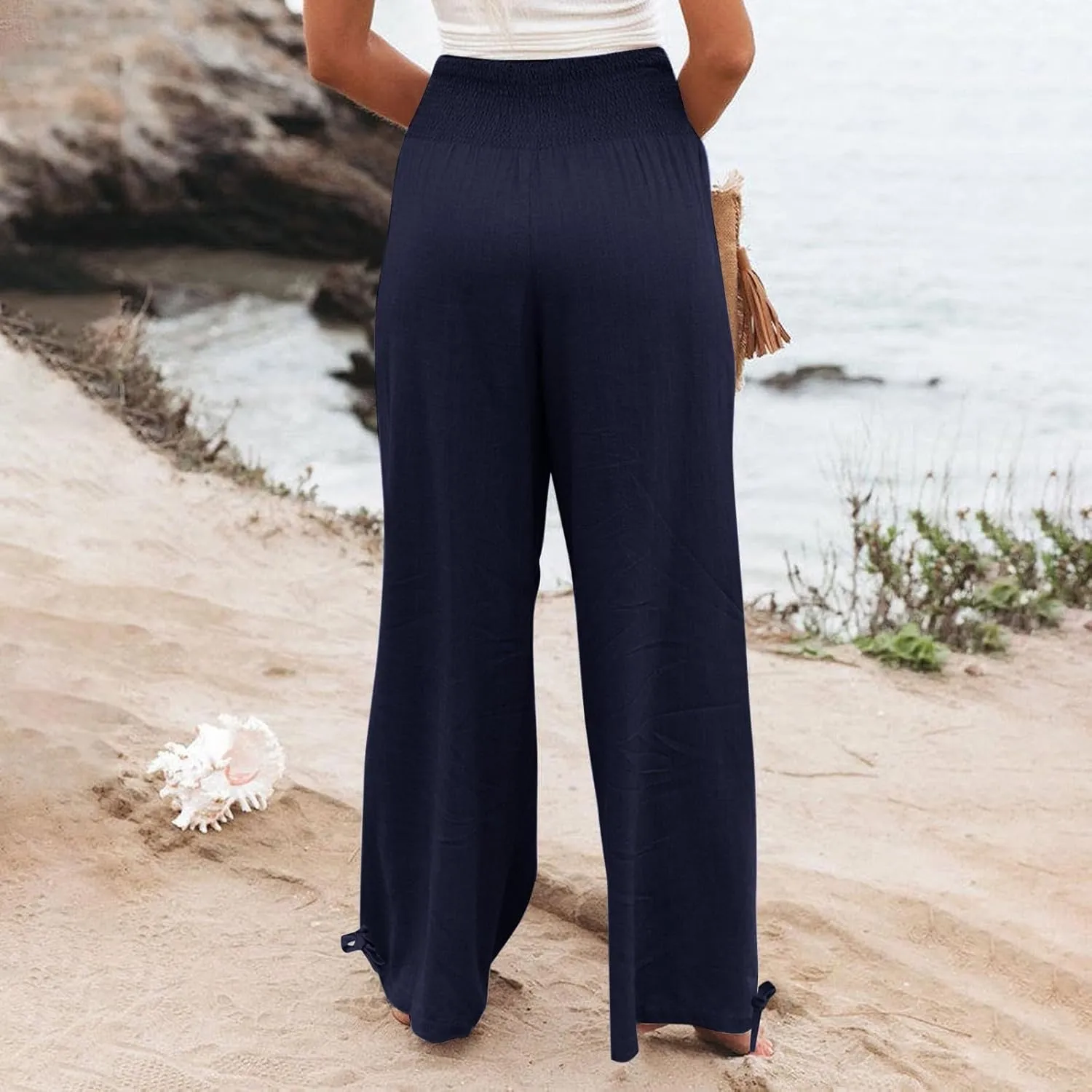 Gumipy Women Linen Pants Casual Baggy Wide Leg Pants Comfy High Waisted Lounge Pants Lightweight Beach Pants with Pockets