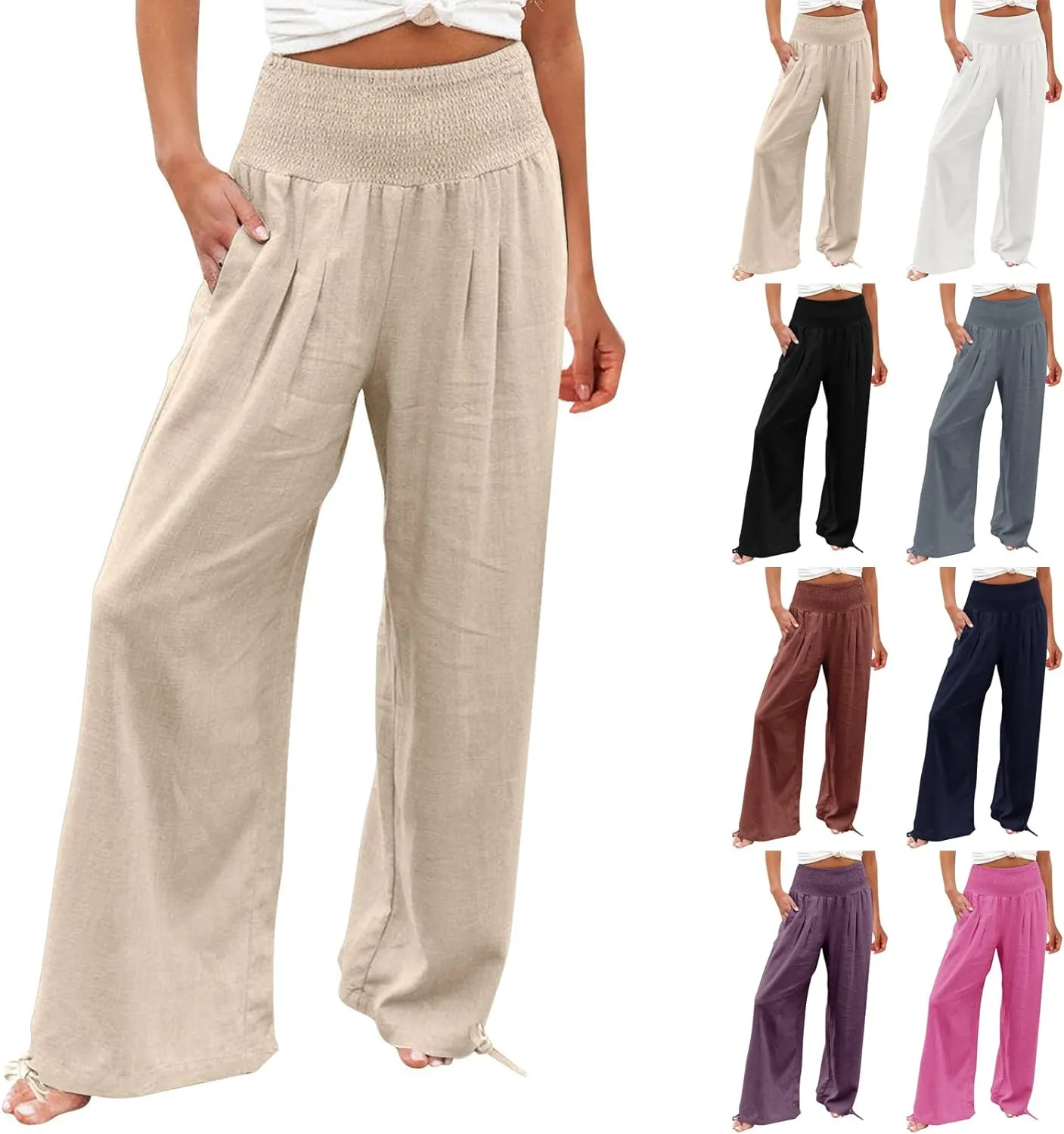 Gumipy Women Linen Pants Casual Baggy Wide Leg Pants Comfy High Waisted Lounge Pants Lightweight Beach Pants with Pockets