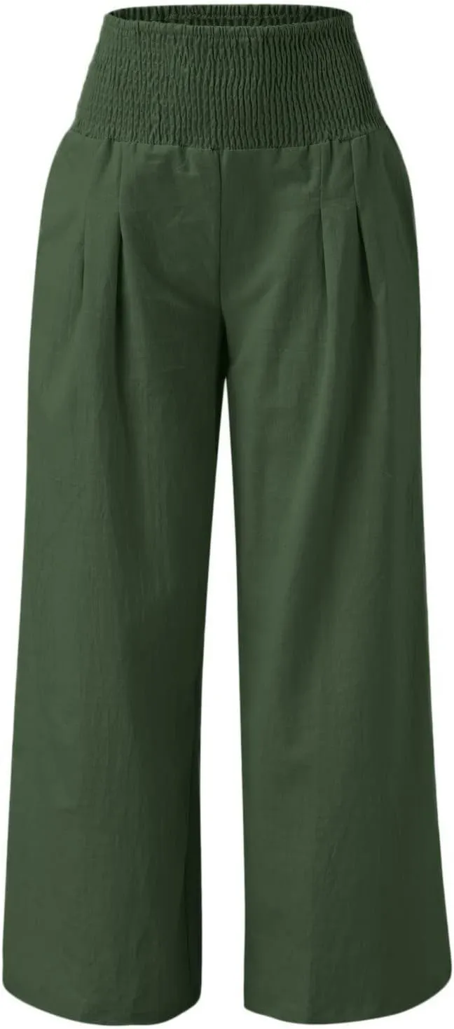 Gumipy Women Linen Pants Casual Baggy Wide Leg Pants Comfy High Waisted Lounge Pants Lightweight Beach Pants with Pockets