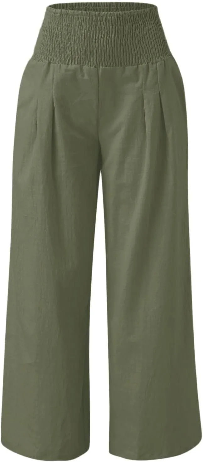 Gumipy Women Linen Pants Casual Baggy Wide Leg Pants Comfy High Waisted Lounge Pants Lightweight Beach Pants with Pockets