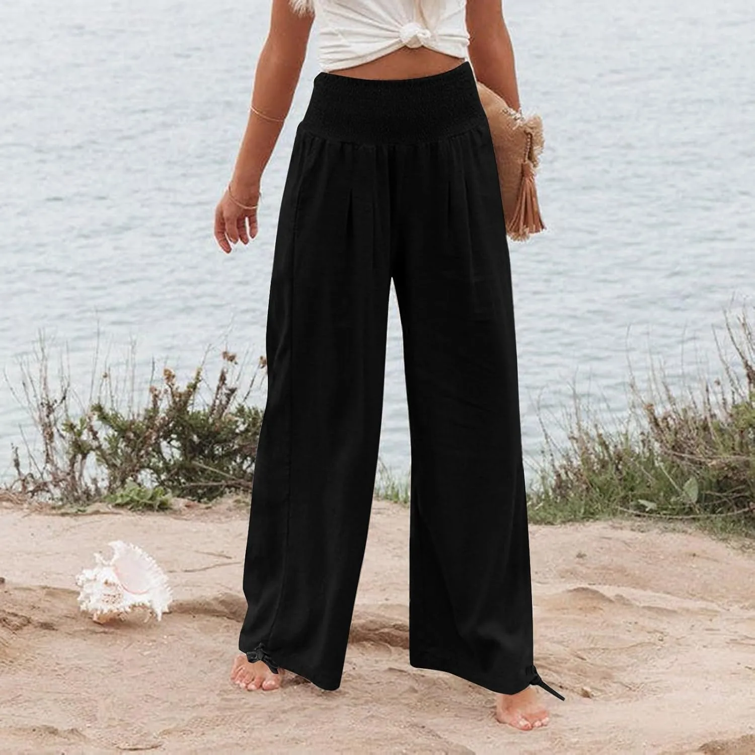 Gumipy Women Linen Pants Casual Baggy Wide Leg Pants Comfy High Waisted Lounge Pants Lightweight Beach Pants with Pockets