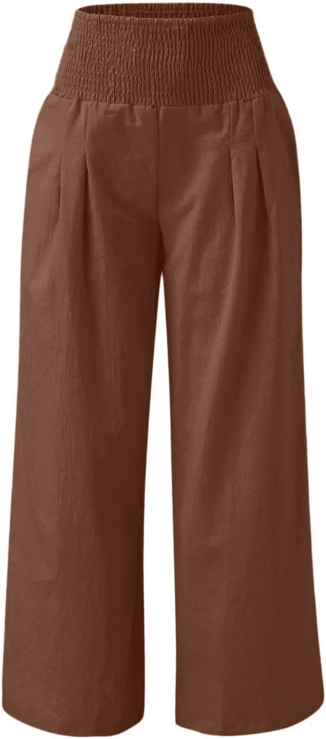 Gumipy Women Linen Pants Casual Baggy Wide Leg Pants Comfy High Waisted Lounge Pants Lightweight Beach Pants with Pockets