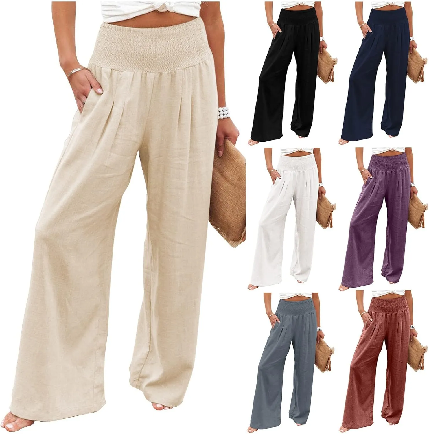 Gumipy Women Linen Pants Casual Baggy Wide Leg Pants Comfy High Waisted Lounge Pants Lightweight Beach Pants with Pockets