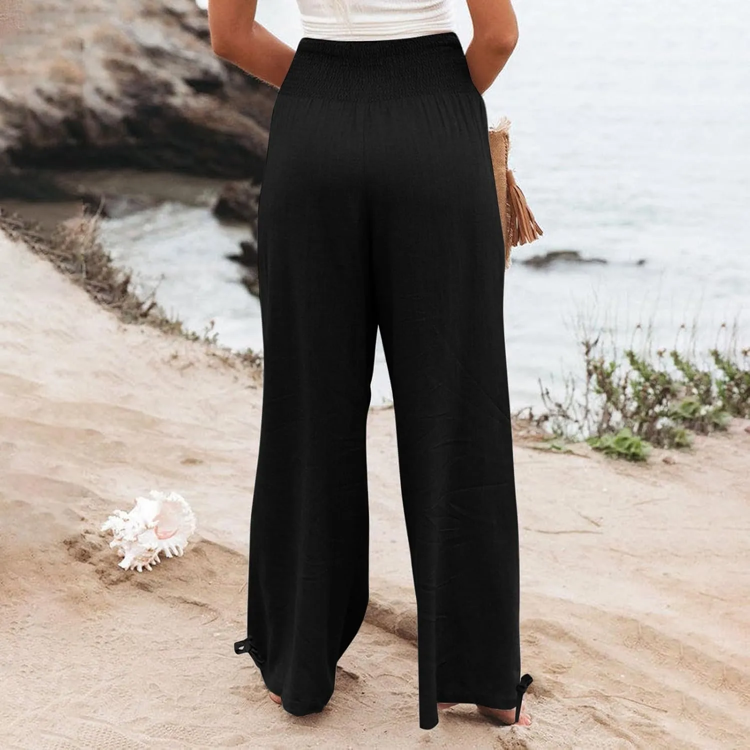 Gumipy Women Linen Pants Casual Baggy Wide Leg Pants Comfy High Waisted Lounge Pants Lightweight Beach Pants with Pockets