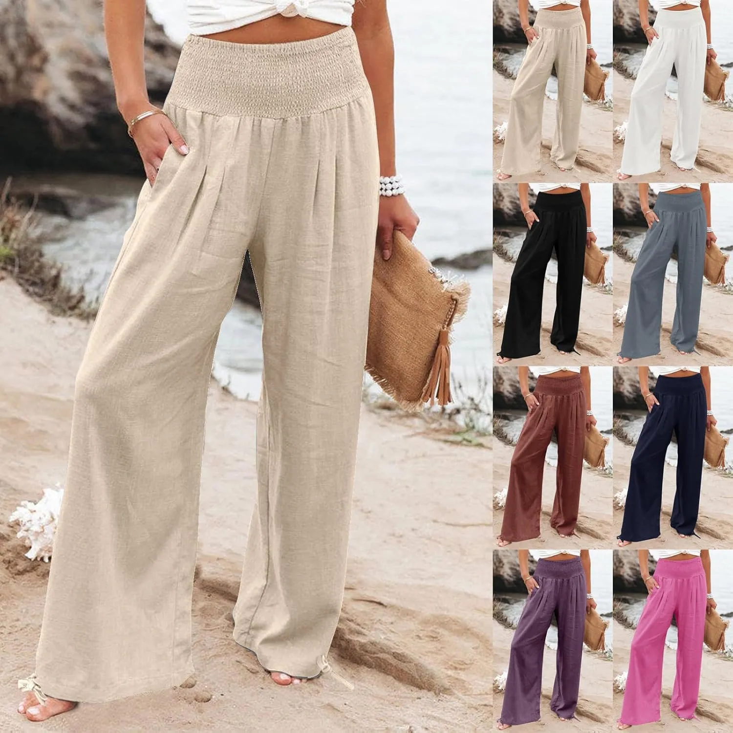 Gumipy Women Linen Pants Casual Baggy Wide Leg Pants Comfy High Waisted Lounge Pants Lightweight Beach Pants with Pockets