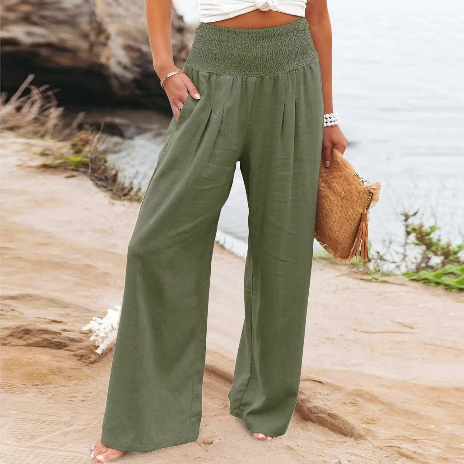 Gumipy Women Linen Pants Casual Baggy Wide Leg Pants Comfy High Waisted Lounge Pants Lightweight Beach Pants with Pockets