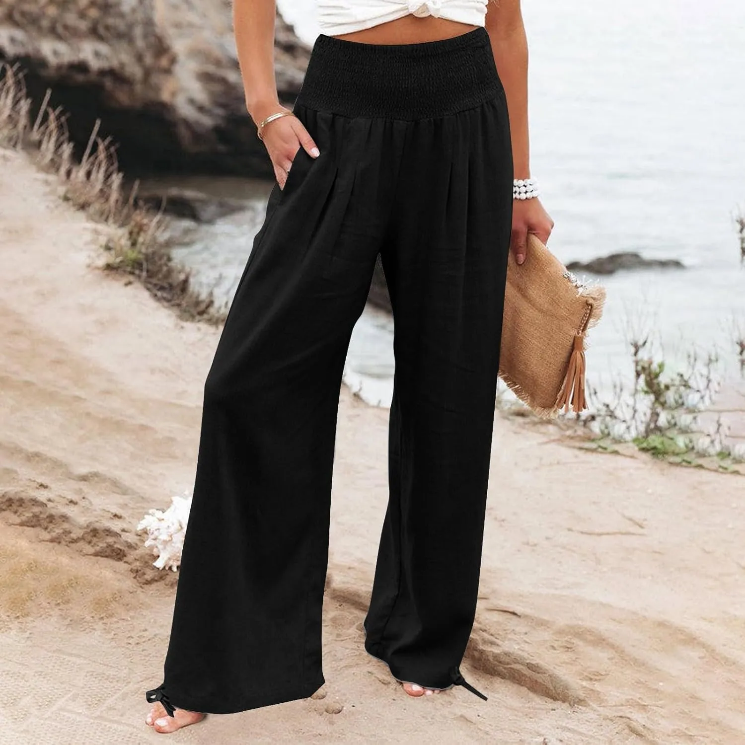 Gumipy Women Linen Pants Casual Baggy Wide Leg Pants Comfy High Waisted Lounge Pants Lightweight Beach Pants with Pockets