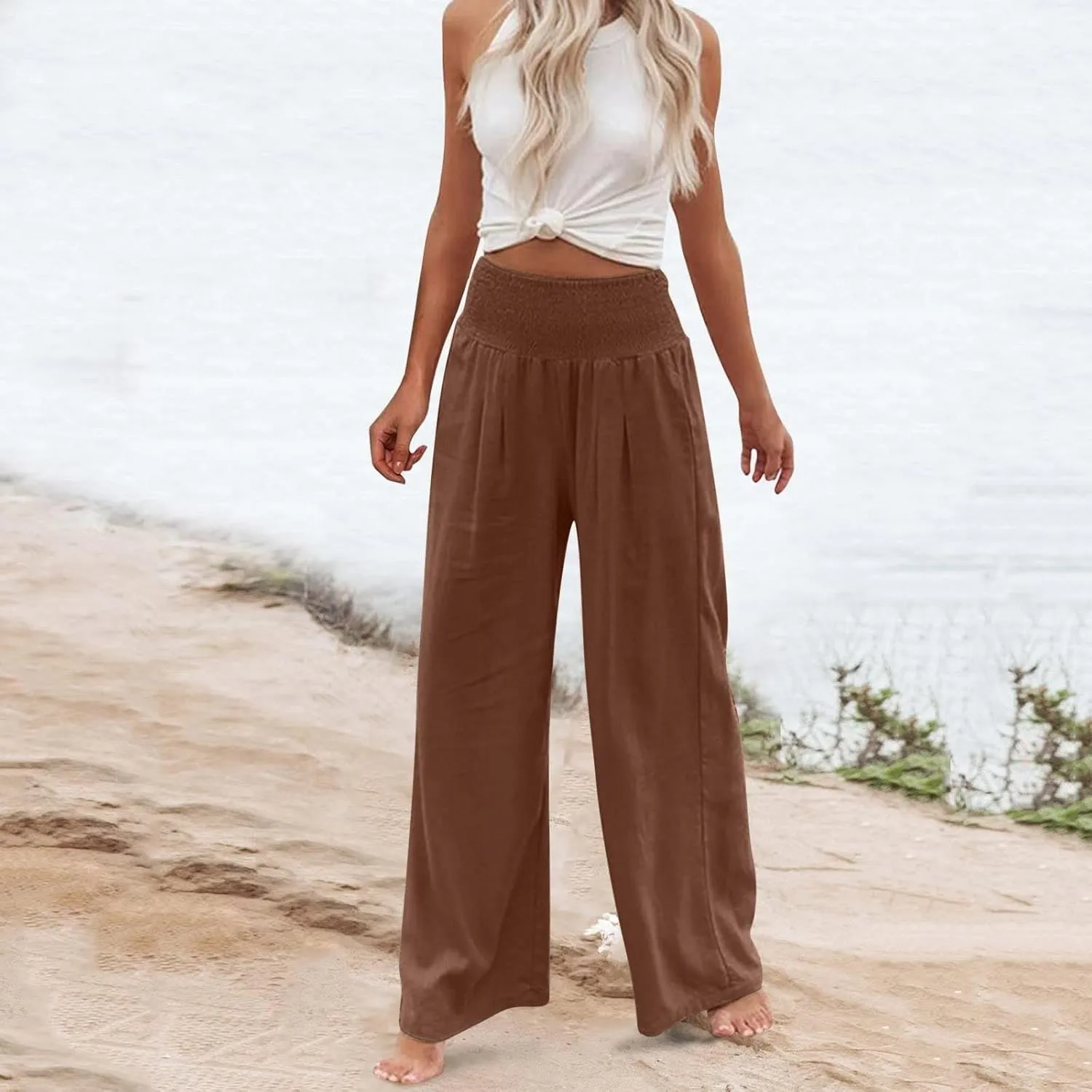 Gumipy Women Linen Pants Casual Baggy Wide Leg Pants Comfy High Waisted Lounge Pants Lightweight Beach Pants with Pockets