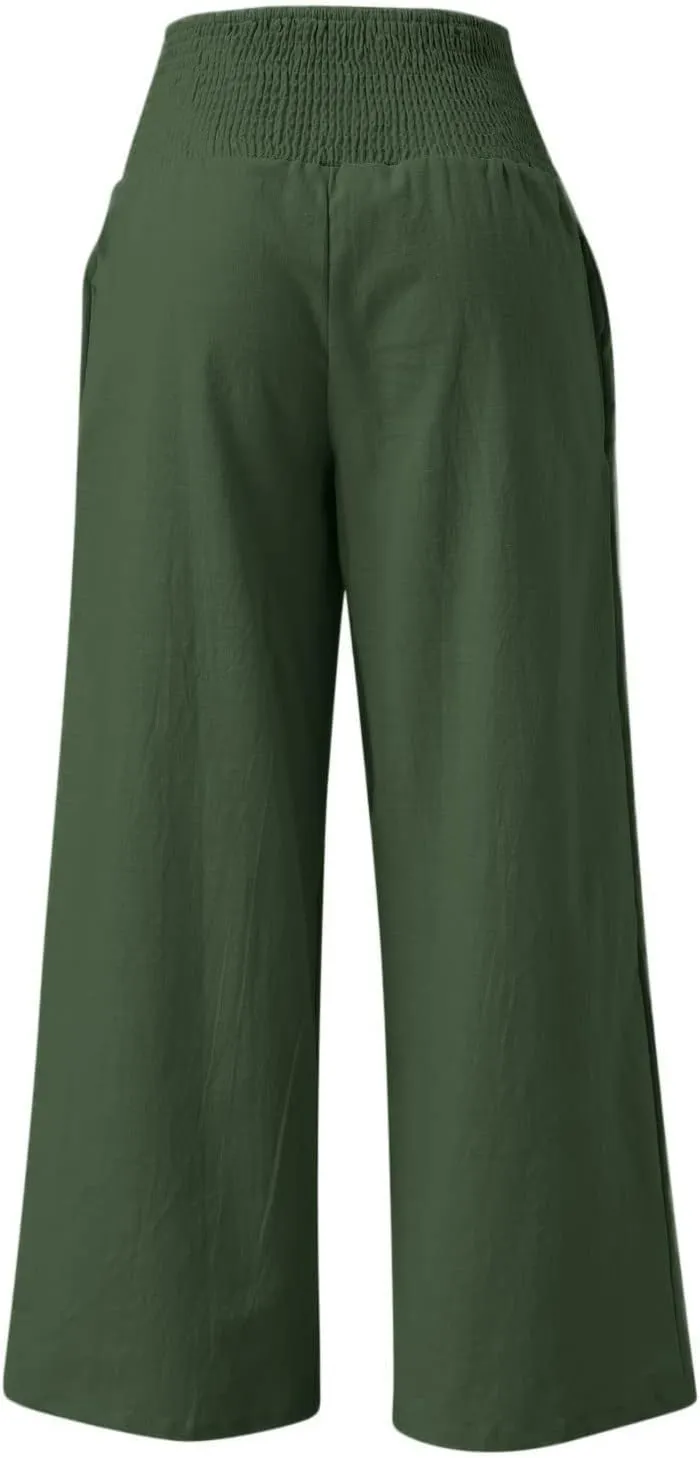 Gumipy Women Linen Pants Casual Baggy Wide Leg Pants Comfy High Waisted Lounge Pants Lightweight Beach Pants with Pockets