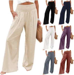 Gumipy Women Linen Pants Casual Baggy Wide Leg Pants Comfy High Waisted Lounge Pants Lightweight Beach Pants with Pockets