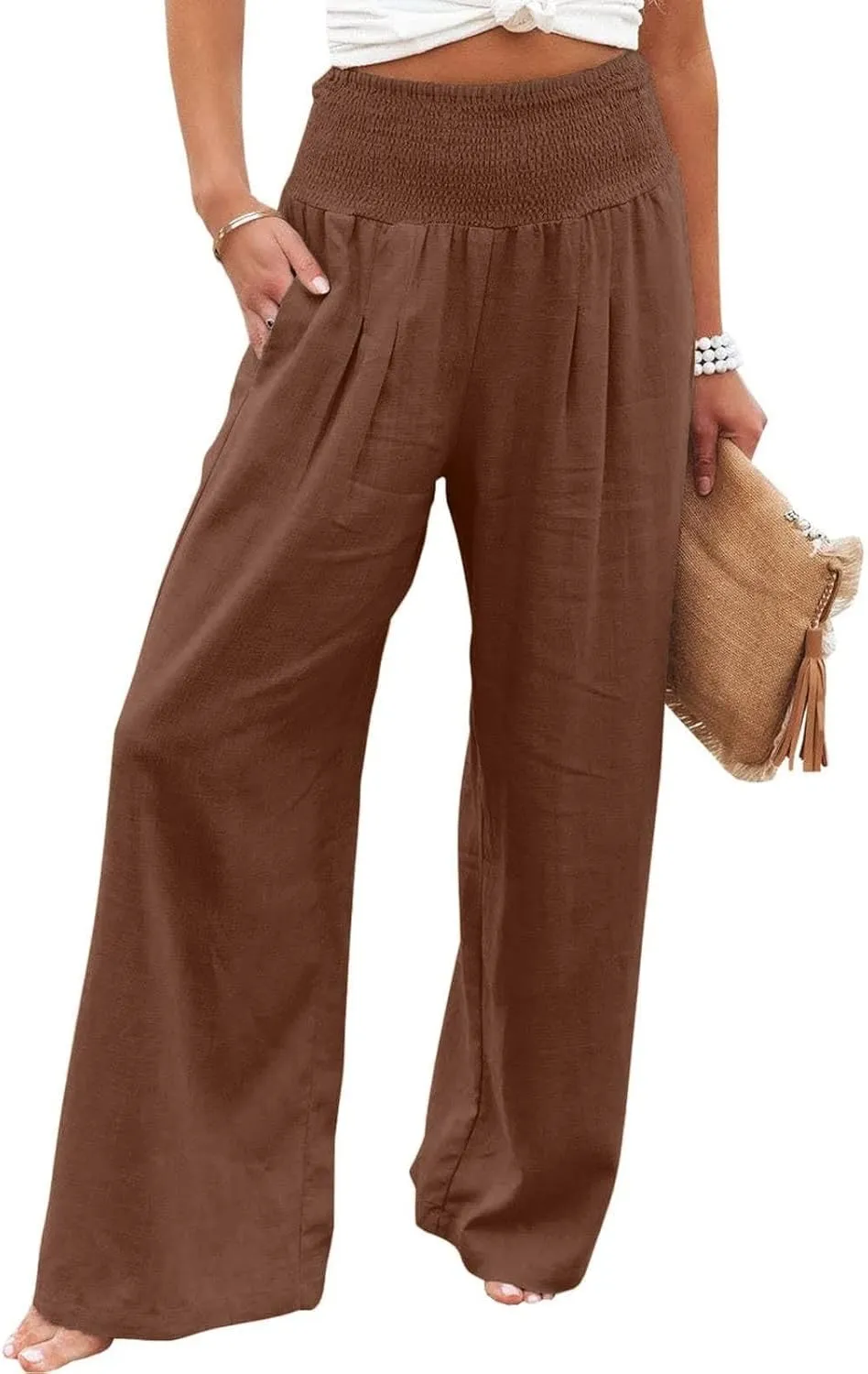 Gumipy Women Linen Pants Casual Baggy Wide Leg Pants Comfy High Waisted Lounge Pants Lightweight Beach Pants with Pockets