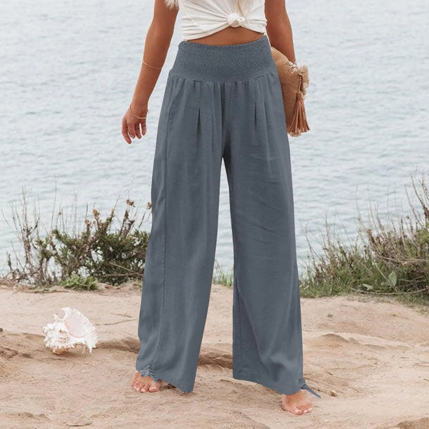 Gumipy Women Linen Pants Casual Baggy Wide Leg Pants Comfy High Waisted Lounge Pants Lightweight Beach Pants with Pockets