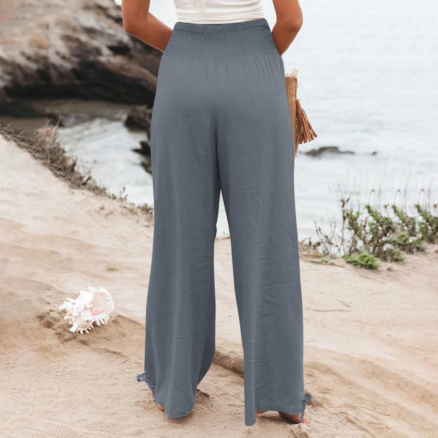 Gumipy Women Linen Pants Casual Baggy Wide Leg Pants Comfy High Waisted Lounge Pants Lightweight Beach Pants with Pockets