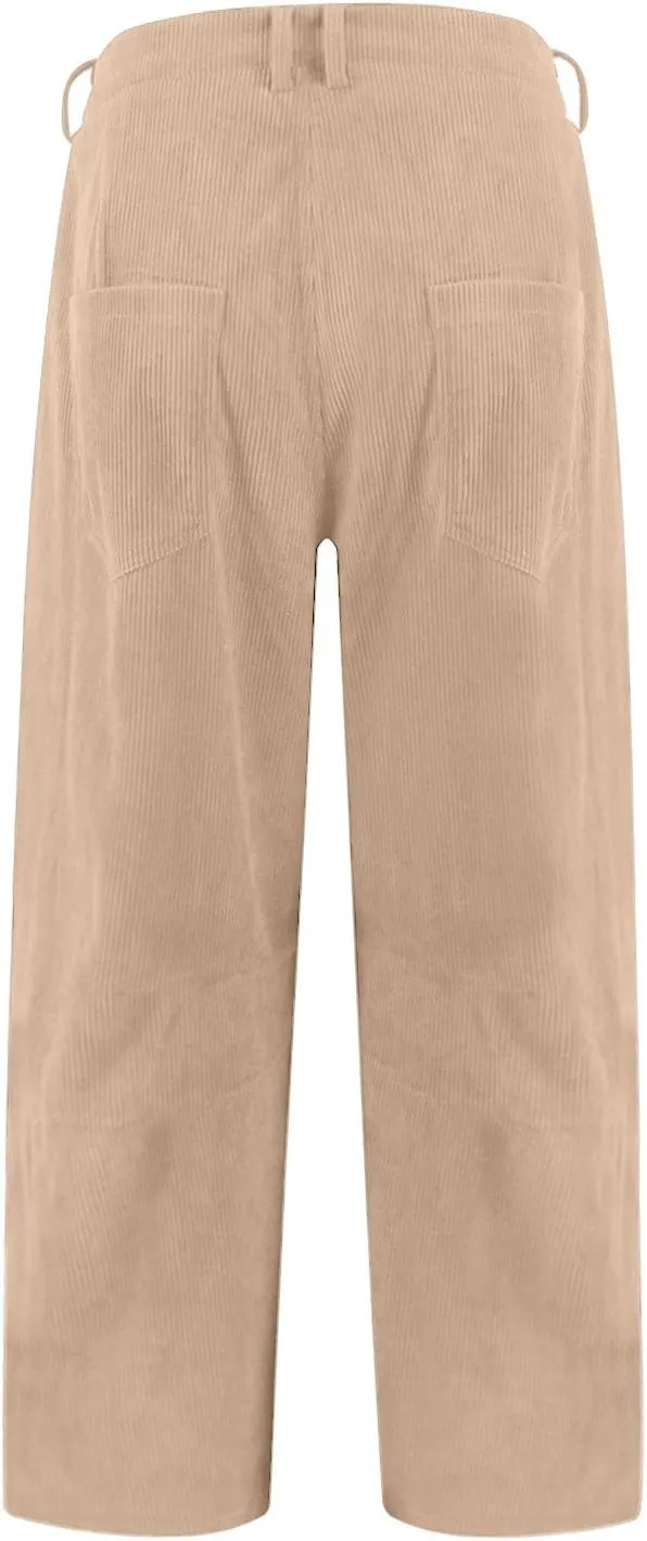 Gumipy Womens Corduroy Pants Casual Elastic Mid Rise Barrel Pants Baggy Wide Leg Pants Trendy Cropped Pants with Pockets