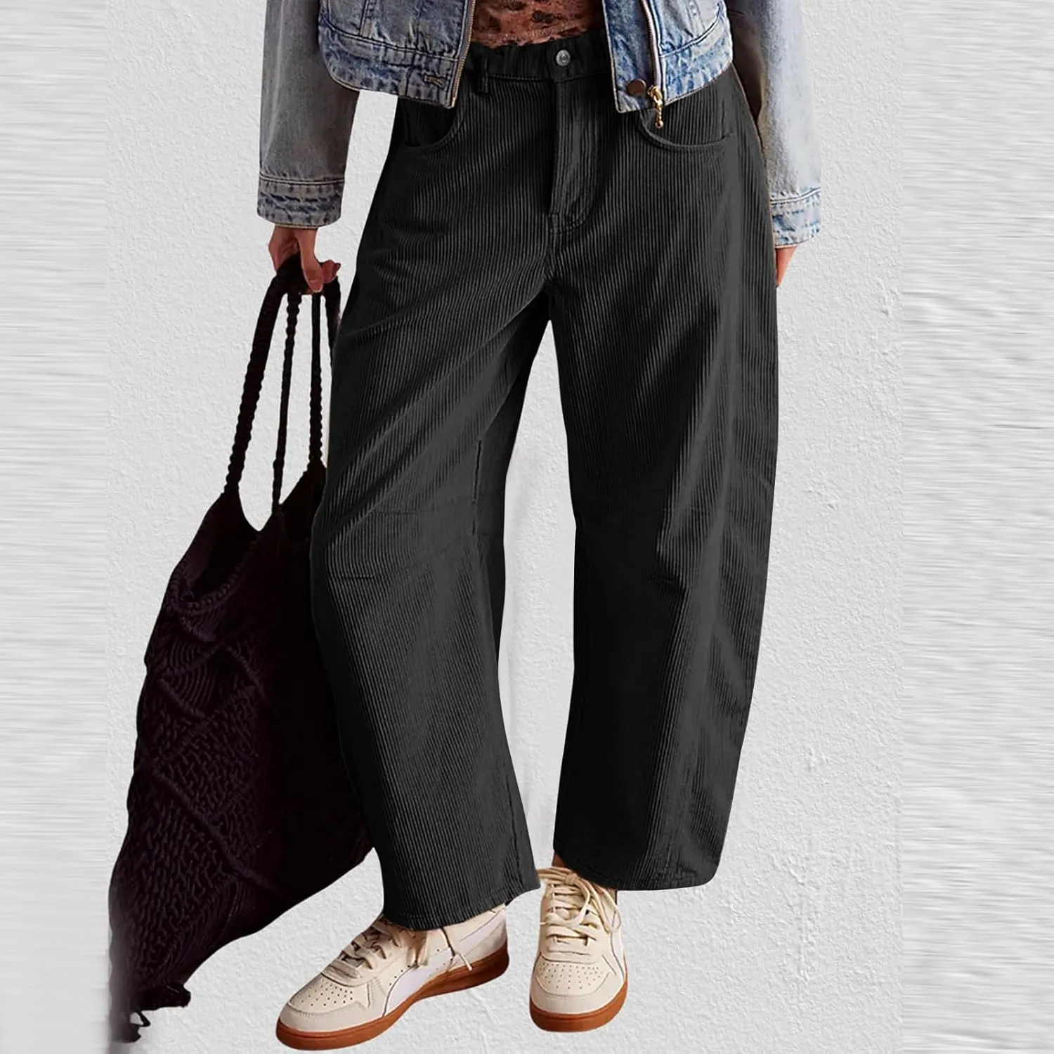 Gumipy Womens Corduroy Pants Casual Elastic Mid Rise Barrel Pants Baggy Wide Leg Pants Trendy Cropped Pants with Pockets