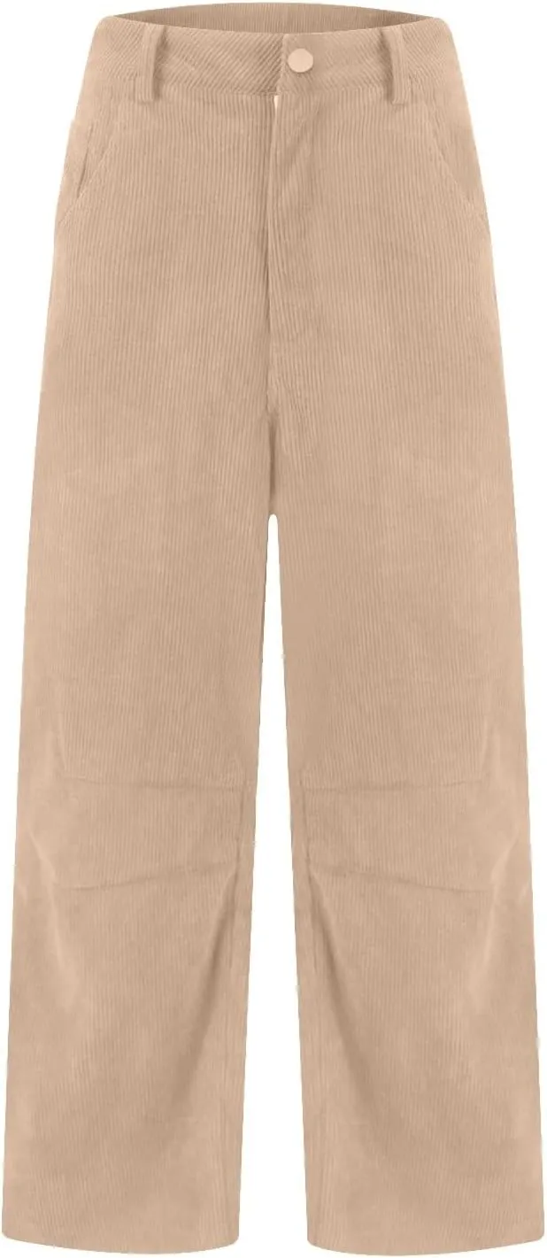 Gumipy Womens Corduroy Pants Casual Elastic Mid Rise Barrel Pants Baggy Wide Leg Pants Trendy Cropped Pants with Pockets