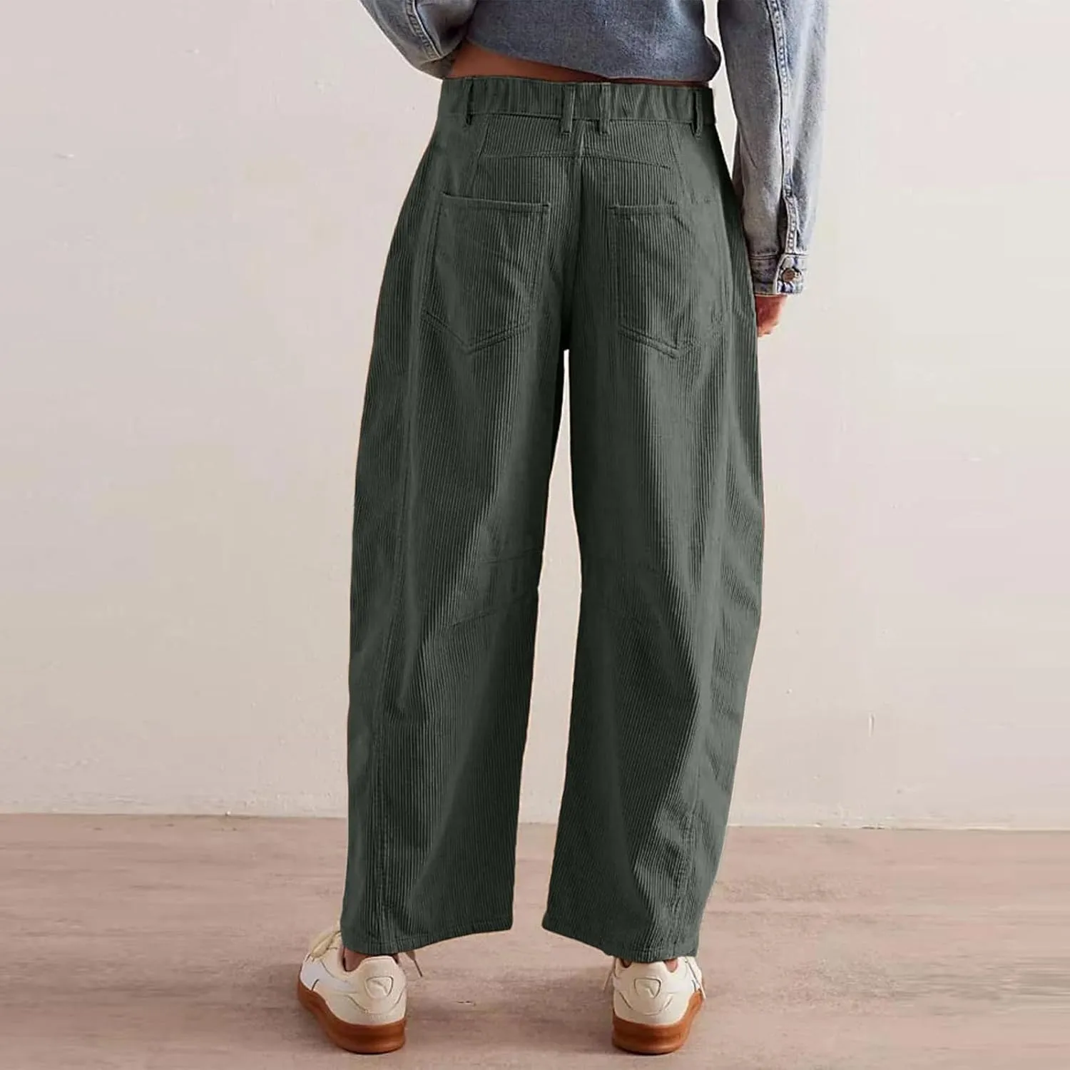 Gumipy Womens Corduroy Pants Casual Elastic Mid Rise Barrel Pants Baggy Wide Leg Pants Trendy Cropped Pants with Pockets