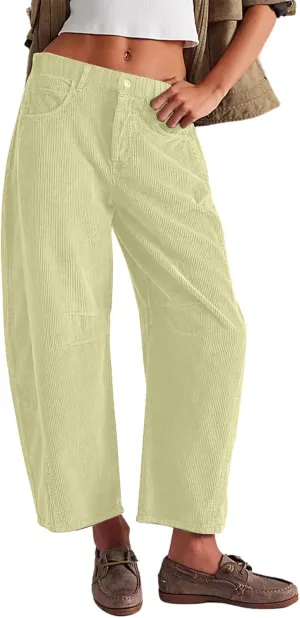 Gumipy Womens Corduroy Pants Casual Elastic Mid Rise Barrel Pants Baggy Wide Leg Pants Trendy Cropped Pants with Pockets