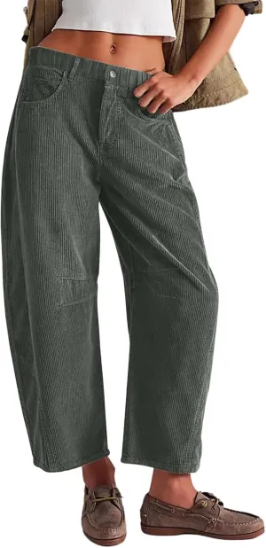 Gumipy Womens Corduroy Pants Casual Elastic Mid Rise Barrel Pants Baggy Wide Leg Pants Trendy Cropped Pants with Pockets
