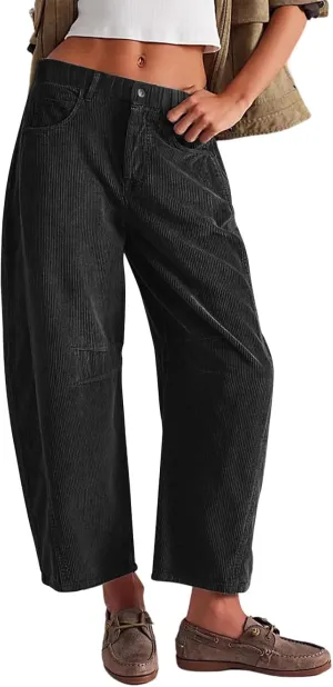 Gumipy Womens Corduroy Pants Casual Elastic Mid Rise Barrel Pants Baggy Wide Leg Pants Trendy Cropped Pants with Pockets