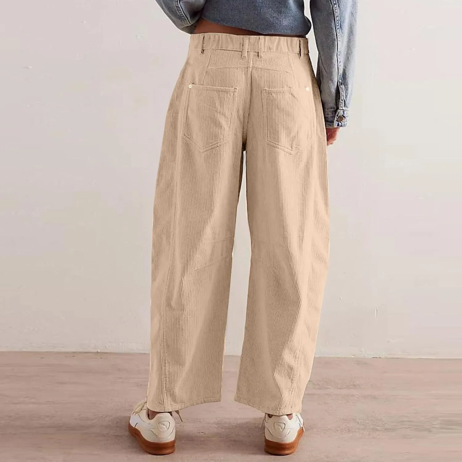 Gumipy Womens Corduroy Pants Casual Elastic Mid Rise Barrel Pants Baggy Wide Leg Pants Trendy Cropped Pants with Pockets
