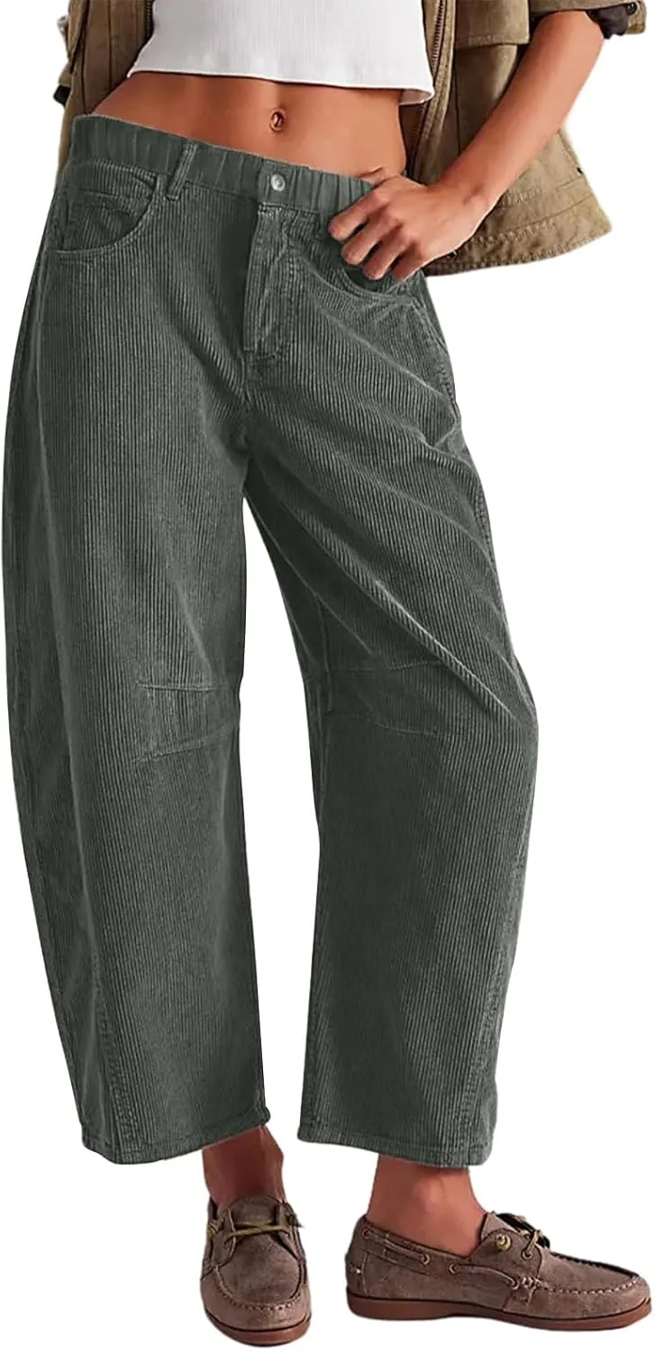 Gumipy Womens Corduroy Pants Casual Elastic Mid Rise Barrel Pants Baggy Wide Leg Pants Trendy Cropped Pants with Pockets