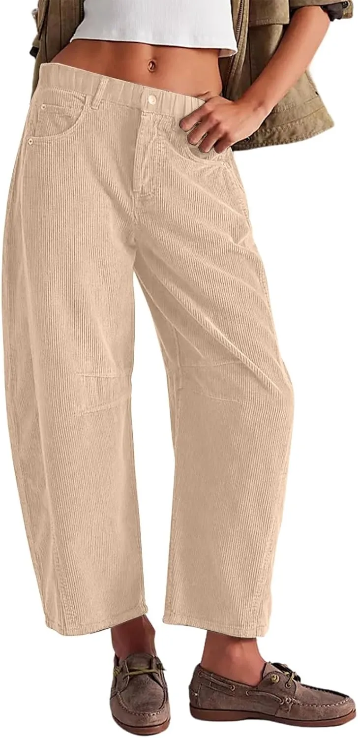 Gumipy Womens Corduroy Pants Casual Elastic Mid Rise Barrel Pants Baggy Wide Leg Pants Trendy Cropped Pants with Pockets