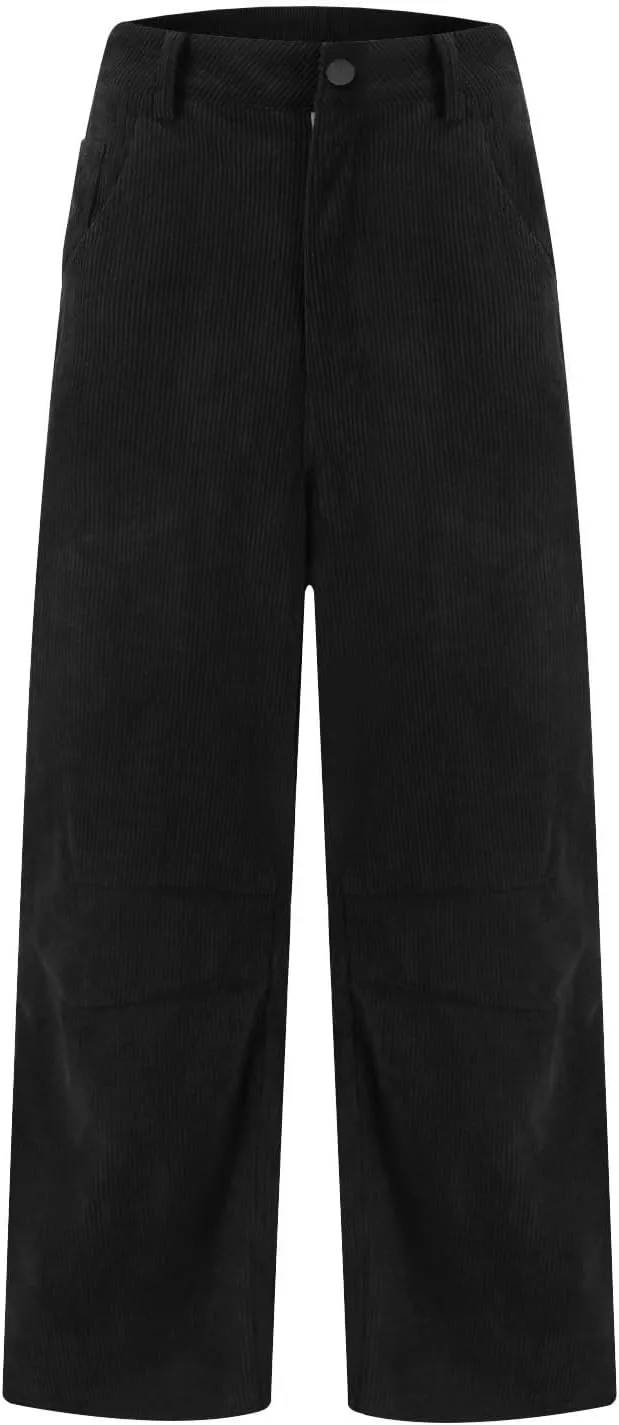 Gumipy Womens Corduroy Pants Casual Elastic Mid Rise Barrel Pants Baggy Wide Leg Pants Trendy Cropped Pants with Pockets