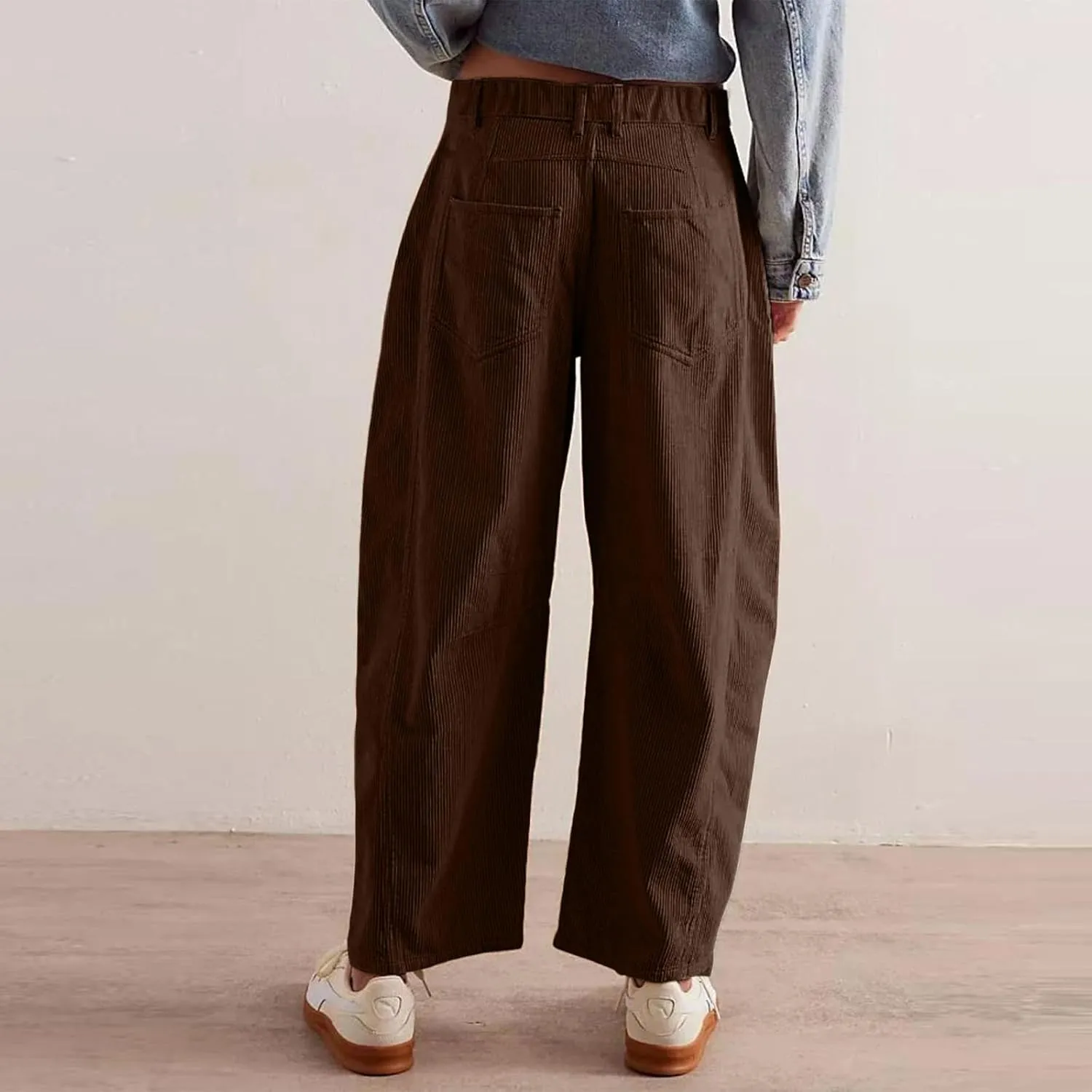 Gumipy Womens Corduroy Pants Casual Elastic Mid Rise Barrel Pants Baggy Wide Leg Pants Trendy Cropped Pants with Pockets