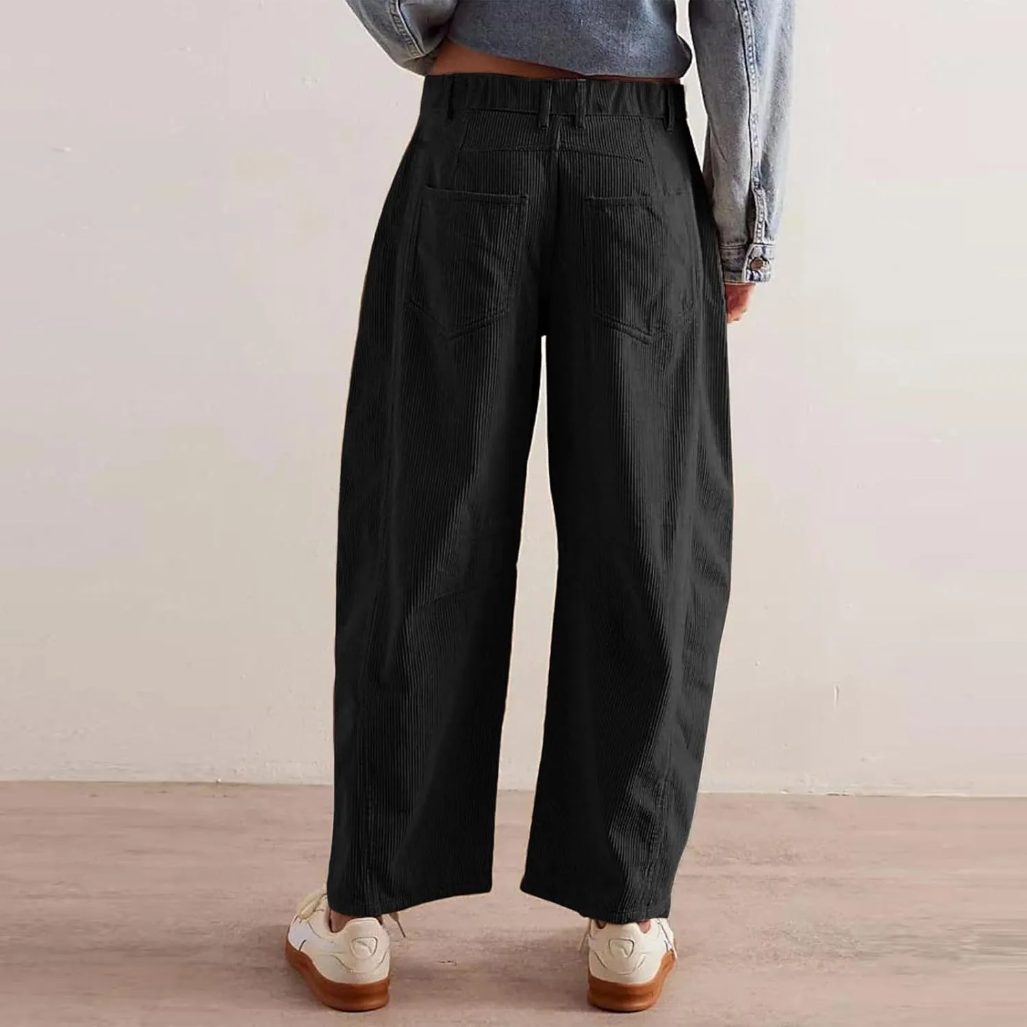 Gumipy Womens Corduroy Pants Casual Elastic Mid Rise Barrel Pants Baggy Wide Leg Pants Trendy Cropped Pants with Pockets