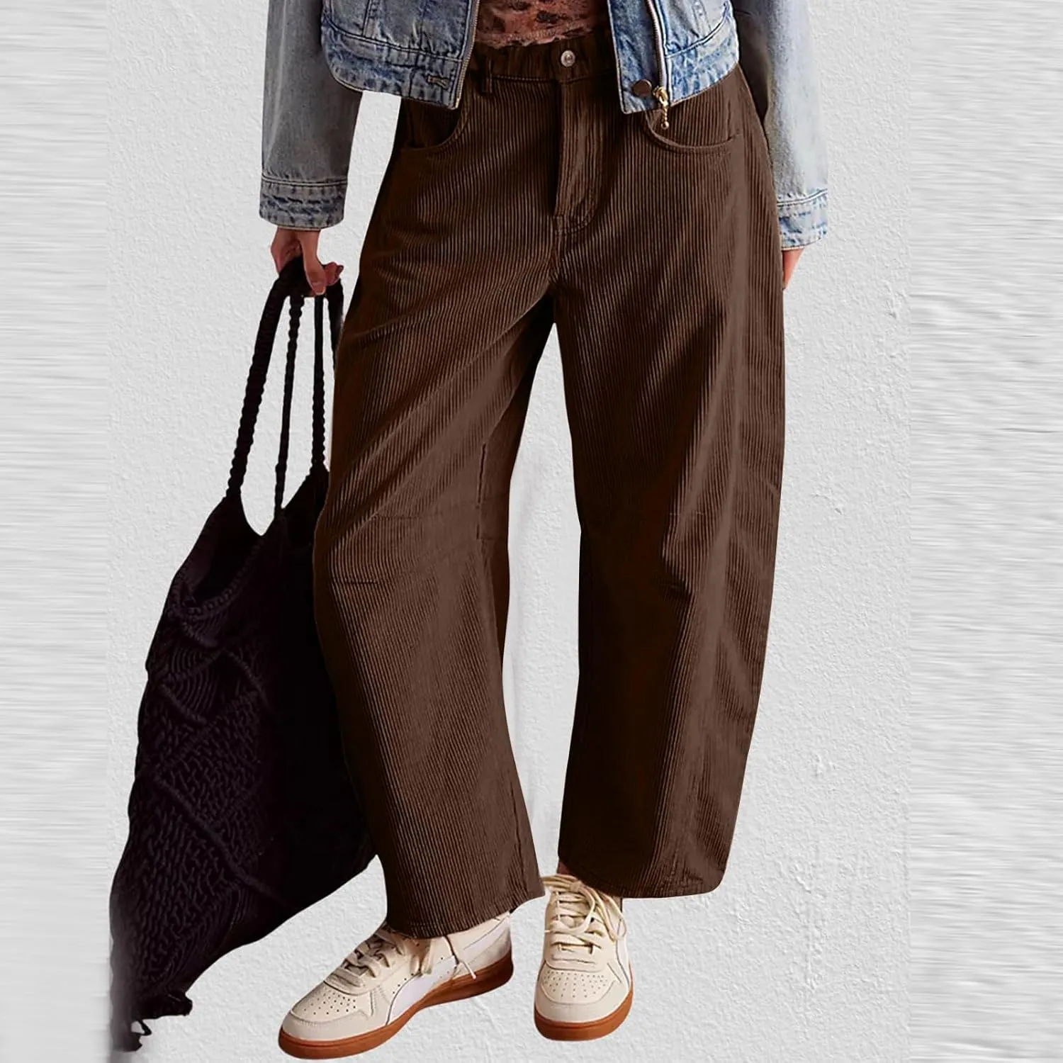Gumipy Womens Corduroy Pants Casual Elastic Mid Rise Barrel Pants Baggy Wide Leg Pants Trendy Cropped Pants with Pockets